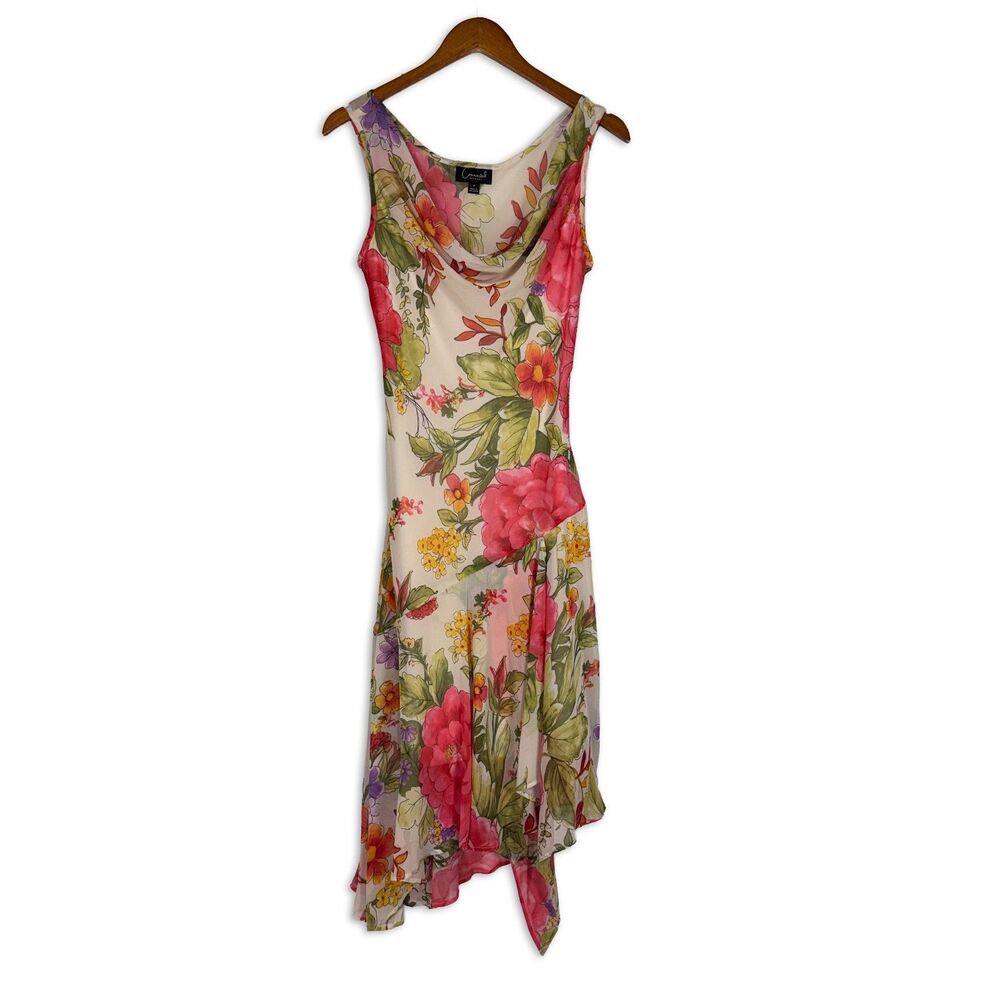 Connected Apparel Floral Cowl Neck Asymmetrical Hem Midi Dress Bias Cut Size 6